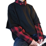 Homem mangas compridas xadrez de tamanho grande e bonito Falso Two Pieces Sweatshirt Moda Hoodies