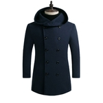 Men Woolen Hoodie Trench Coat Double-breasted Solid Color Plus Size Middle Long Overcoat