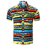 Homens Moda suave camisa de algodão Stripe coloridos Impresso Praia Blusa de manga curta Tops