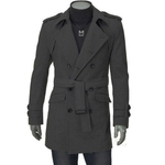 Homens trespassado casaco de lã Epaulettes Belt cor sólida lapela Médio Longo Overcoat