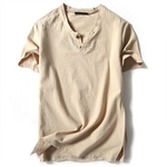 Homens Verão de algodão macio de linho 2 Botões respirável T-shirt Camisas de desgaste de homem T-shirt