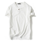 Homens Verão de algodão macio de linho 2 Botões respirável T-shirt