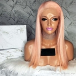 Hot Sale Hand Tied Pink Color Long Straight Wigs Glueless Heat Resistant Fiber Hair Synthetic Lace Front Wigs Cosplay Women Makeup Wedding