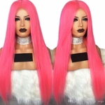 Hot Sexy Halloween 180% Density Silky Straight Pink Wigs Heat Resistant Synthetic Lace Front Wig Natural Hairline with Baby Hair Party Wig