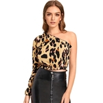 Fashion Sexy Leopard Print T-shirt Off Shoulder Printing Skew Collar Top for Women