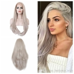 High Quaity Sexy Silver Grey Lace Front Wigs For White Women Long Gray Synthetic Wig Heat Resistant Fiber Hair Half Hand Tied 22inches