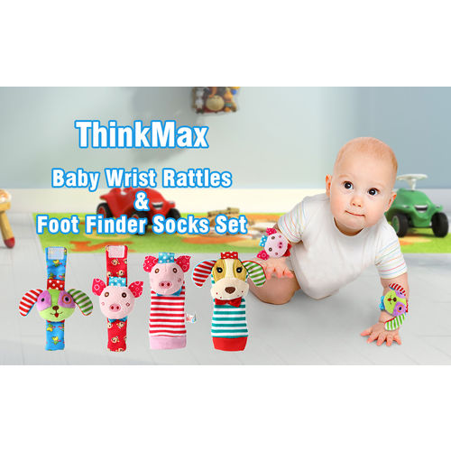 Infant 4Pcs / Set dos desenhos animados da criança de pano do bebê Toy Dog Piggy de pulso Bell e Socks