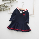 Kid Dress Girl Fashion Navy V-neck Corações Linha De Bordar Ruffled Skirt