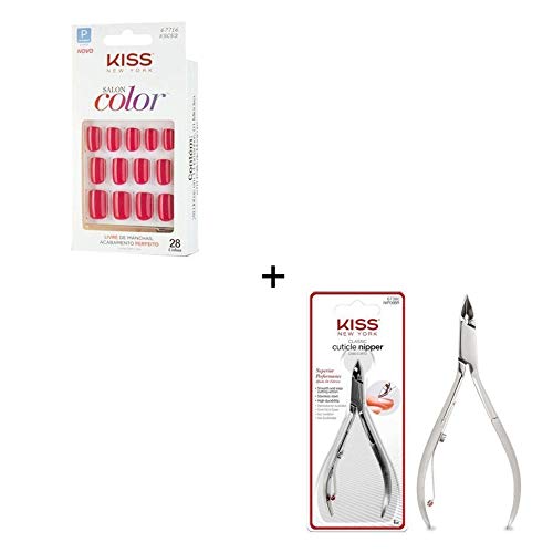 Kiss Kit Unhas Postiças Salon Color Curto P KSC53BR + Kiss Alicate de Cuticula Nip09br