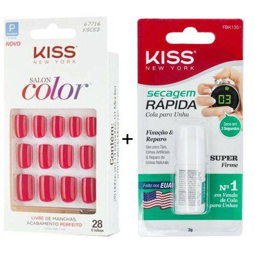 Kiss Kit Unhas Postiças Salon Color Curto P Ksc53br Kiss Cola para Unha Fbk135