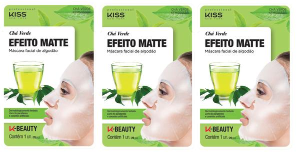Kiss Máscara Facial de Algodão - Chá Verde Kit 3 Unidades