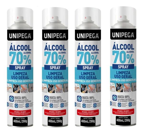 Kit 04 Un Álcool 70% Spray Higienizador Antisséptico 400ml - Unipega