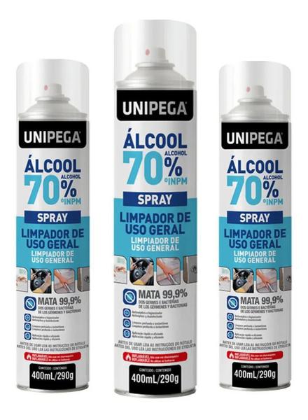 Kit 03un Álcool 70% Spray Higienizador Antisséptico 400ml - Unipega