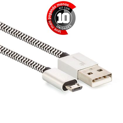Kit 10 Cabo Micro USB para USB Revestido com Tecido - Preto - 1m