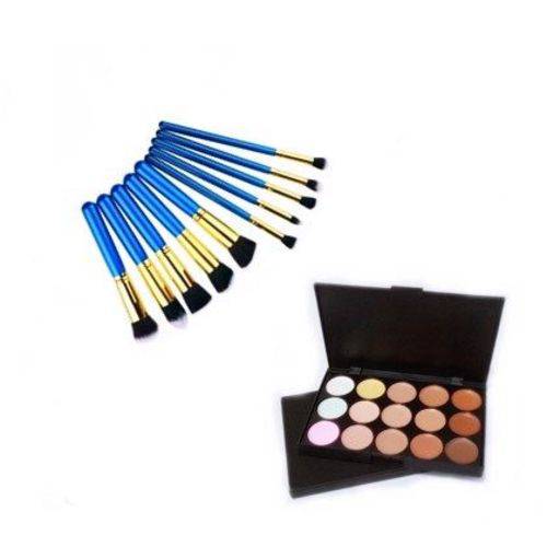 Kit 10 Pincéis Maquiagem Kabuki e Precisão Azul + Paleta Base Corretivo com 15 Cores