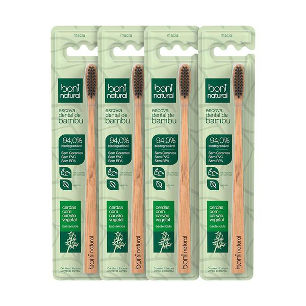 Kit 4 Escovas Dentais Naturais de Bambu com Cerdas de Carvão Vegetal Boni Natural