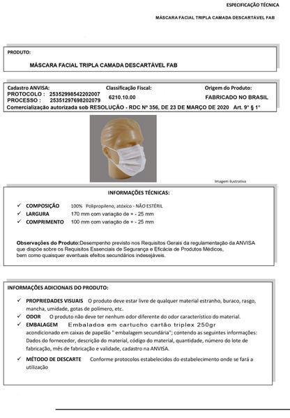 Kit 5 Caixas Mascara Facial De Tripla Proteção Com Elástico Anvisa Fab Caixa Com 50