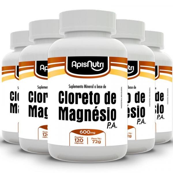 Kit 5 Cloreto de Magnésio P.A Apisnutri 600mg 120 Cápsulas