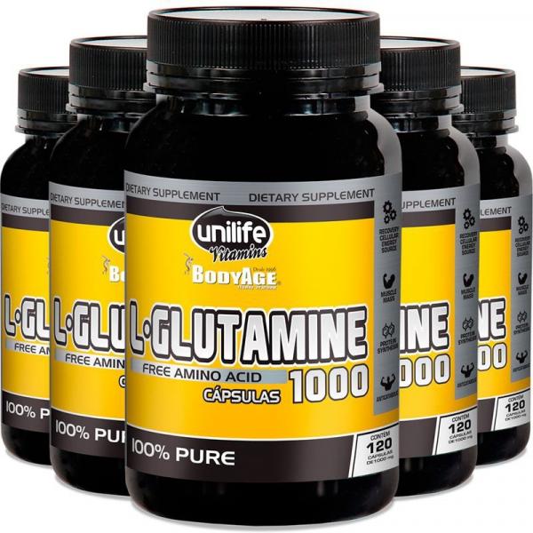 Kit 5 L-Glutamina 100 Pura 120 Cápsulas Unilife