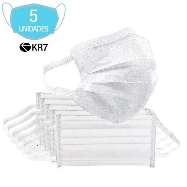 Kit 5 Máscara Descartável KR7 para Proteção e Higiene de Rosto com Elástico Reforçado e Clip Nasal