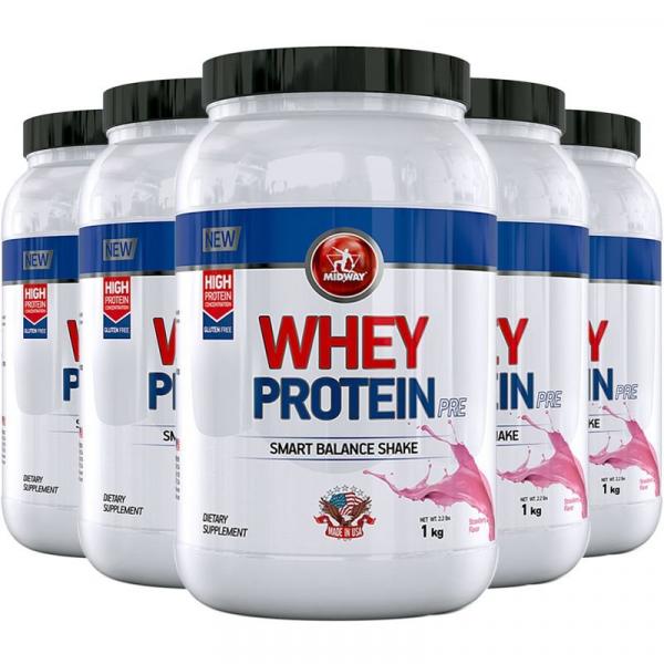 Kit 5 Whey Protein Pre Midway 1kg Morango