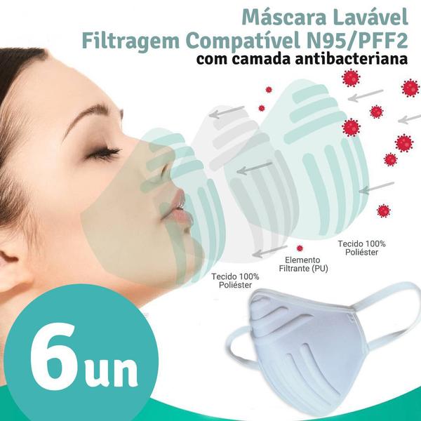 Kit 6 Máscara Anatômica Filtragem Compatível PFF2 N95 Antibacteriana Lavável Branca - Brasilm
