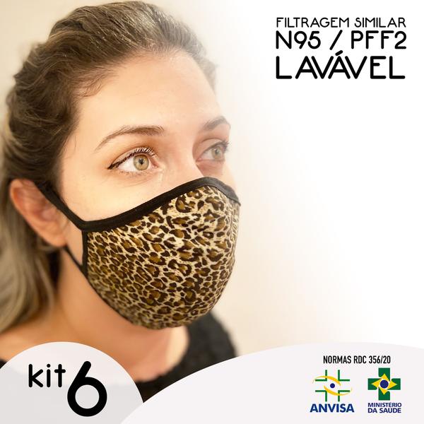 Kit 6 Mascara Lavavel Anatômica Filtragem Compatível PFF2 / N95 Antibacteriana - Estampa Onça - Brasilm