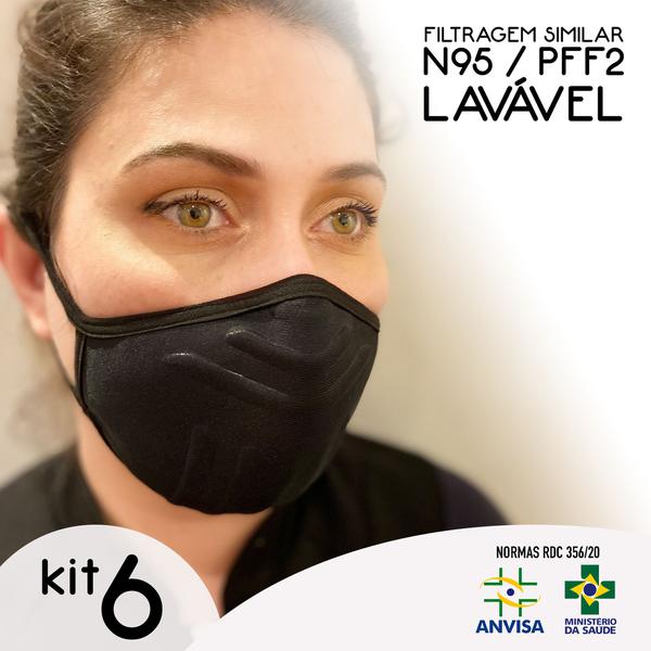 Kit 6 Mascara Lavavel PFF2 N95 Filtragem Compatível Antibacteriana Anatômica - Preta - Brasilm