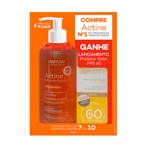 Kit Actine Sabonete Líquido Anti Acne 400ml + Protetor Solar Sunsafe Color FPS 60 50ml