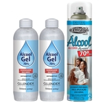 Kit Álcool 70% 1 Aerossol 400ml Spray + 2 Frasco Gel 500ml