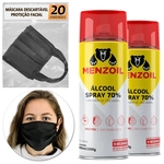 Kit 2 Álcool Spray 70% INPM Antisséptico 300ml + 20 Máscaras Descartáveis TNT Dupla Face Preto