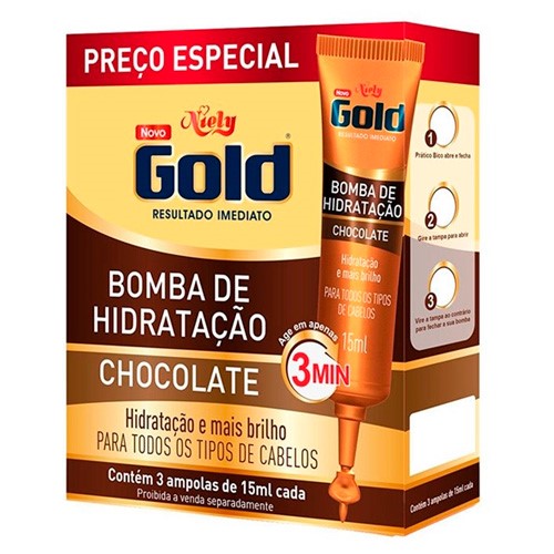 Kit Ampola de Tratamento Niely Gold Bomba de Chocolate 15ml 3 Unidades