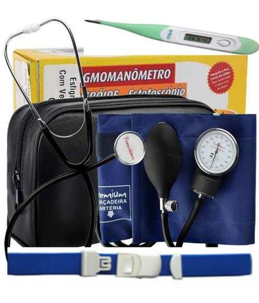Kit Aparelho Medidor de Pressão + Estetoscópio + Garrote + Termômetro - Premium