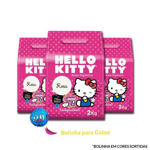 Kit 3 Areias de Gato Hello Kitty Bio Fina 2kg + Bolinha