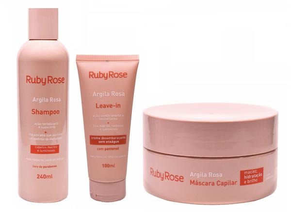 Kit Argila Rosa Capilar Shampoo 240ml / Máscara 200g / Leave-in 100ml Ruby Rose - 3 Itens