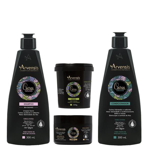 Kit Arvensis Cachos Naturais Crespos e Crespíssimos Shampoo + Condicionador 300ml + Máscara 450g + Geleia Ativadora 250g