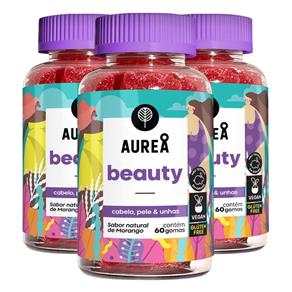 Kit Aurea Beauty Vitaminas para Cabelos e Unhas Vegano Sabor Morango
