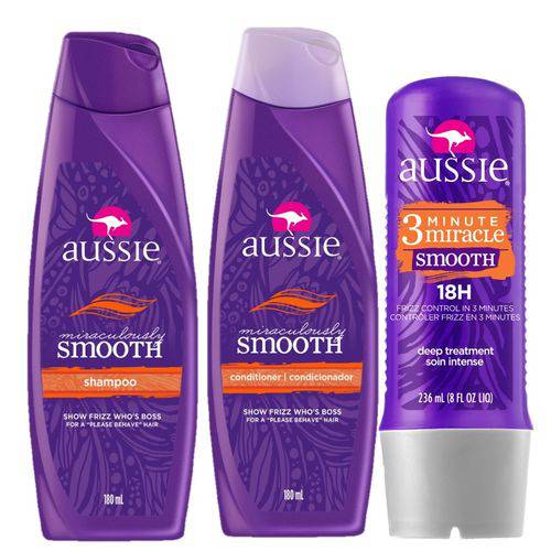 Kit Aussie Miraculously Smooth: Shampoo + Condicionador 180ml + Tratamento Aussie 3 Minute Miracle S