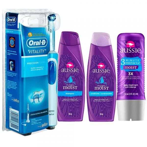 Kit Aussie Moist: Shampoo + Condicionador 180ml + Tratamento 3 Minutos 236ml + Oral- B Vitality 110v