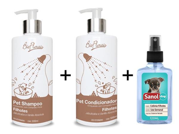 Kit Banho Cães Filhotes: Shampoo Condicionador Tratamento com Florais para Filhotes Bioflorais + Perfume Cães Sanol