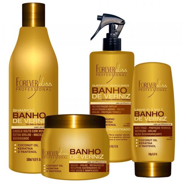 Kit Banho de Verniz Forever Liss Shampoo 500ml, Queratina 300ml, Leave-in 150g e Máscara 250g