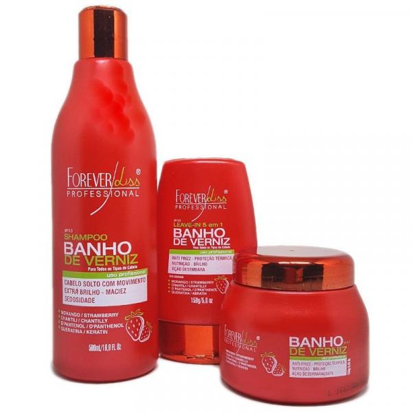 Kit Banho de Verniz Morango Forever Liss Shampoo 500ml , Leave In 150g e Máscara 250g