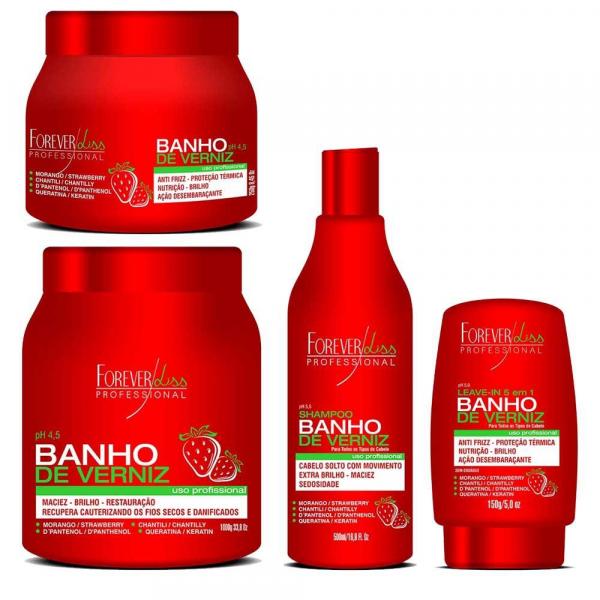 Kit Banho de Verniz Morango Forever Liss Shampoo 500ml, Leave In 150g, Máscara 1Kg e Máscara 250g