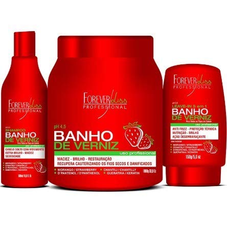 Kit Banho de Verniz Morango Forever Liss Shampoo 500ml, Máscara 1kg e Leave-in 150g