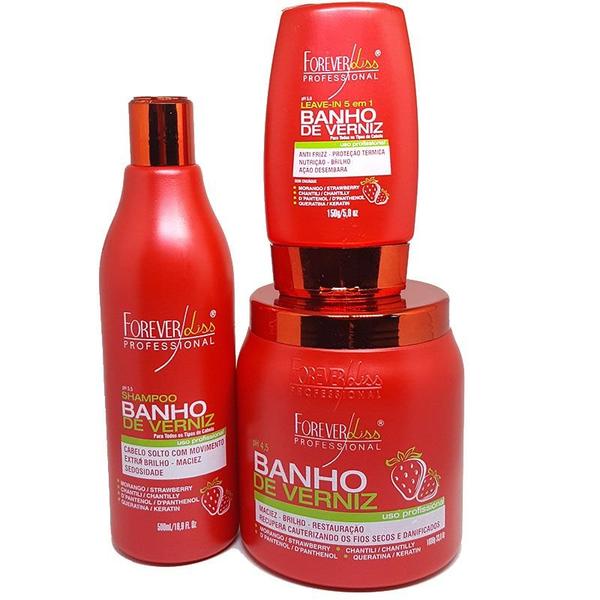 Kit Banho de Verniz Morango Forever Liss Shampoo 500ml, Máscara 1kg e Leave-in 150g