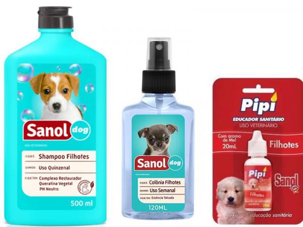 Kit Banho Filhotes + Atrativo Canino: Shampoo para Cães Filhotes + Colônia Filhotes + Educador Atrativo Pipi Sim Sanol