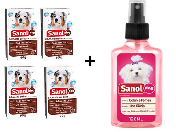 Kit Banho para Cães e Gatos 4 Sabonetes em Barra Côco Sabol + Colonia Perfume Cães Fêmeas - Sanol