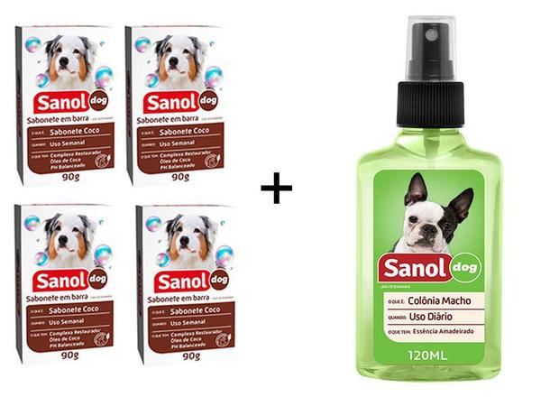 Kit Banho para Cães e Gatos 4 Sabonetes em Barra Côco Sabol + Colonia Perfume Cães Machos - Sanol