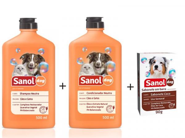 Kit Banho para Cães e Gatos Shampoo Neutro + Condicionador Neutro para Cães e Gatos + Sabonete em Barras Côco Sanol Dog