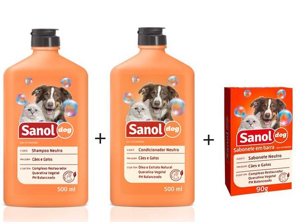 Kit Banho para Cães e Gatos: Shampoo Neutro + Condicionador Neutro + Sabonete em Barra Neutro para Cães e Gatos Sanol Dog